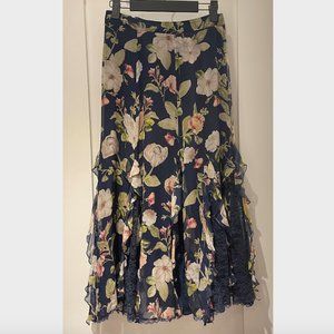 Alice + Olivia navy floral silk midi skirt with lace detail, size 0